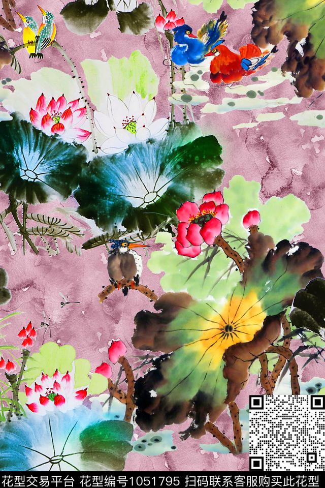 荷花中国风水彩花卉数码印花华亿平台下载（图片编号: 1051795） - 瓦栏（Walan）