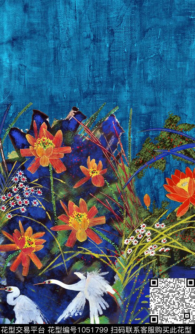 花卉荷花中国风数码印花华亿平台下载（图片编号: 1051799） - 瓦栏（Walan）