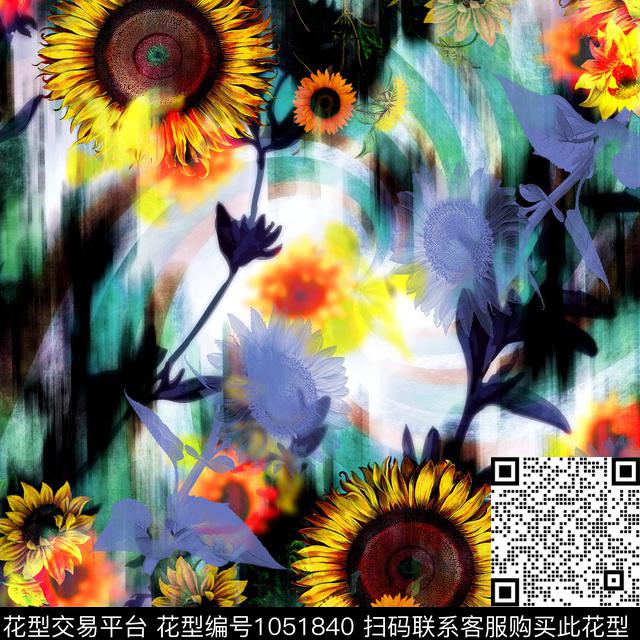 抽象花卉向日葵围巾数码印花华亿平台下载（图片编号: 1051840） - 瓦栏（Walan）