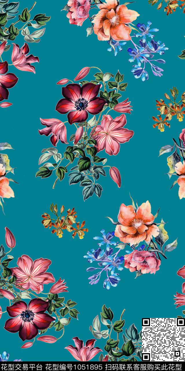 水彩花卉花卉女装数码印花华亿平台下载（图片编号: 1051895） - 瓦栏（Walan）