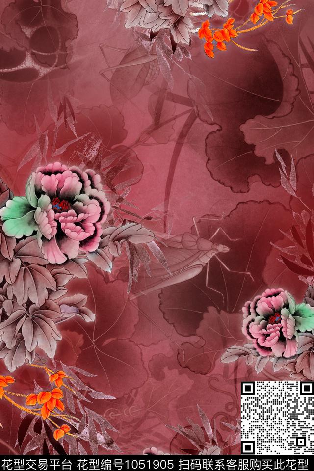 手绘花卉牡丹花卉数码印花华亿平台下载（图片编号: 1051905） - 瓦栏（Walan）