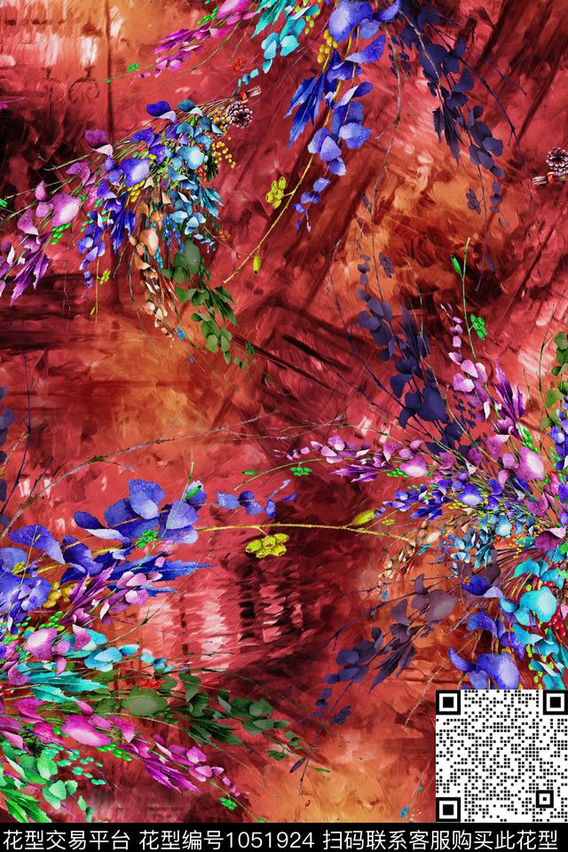 抽象手绘花卉花卉数码印花华亿平台下载（图片编号: 1051924） - 瓦栏（Walan）