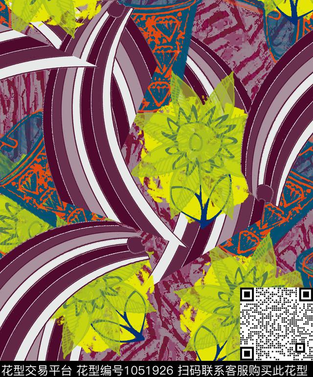 线条抽象花卉数码印花华亿平台下载（图片编号: 1051926） - 瓦栏（Walan）