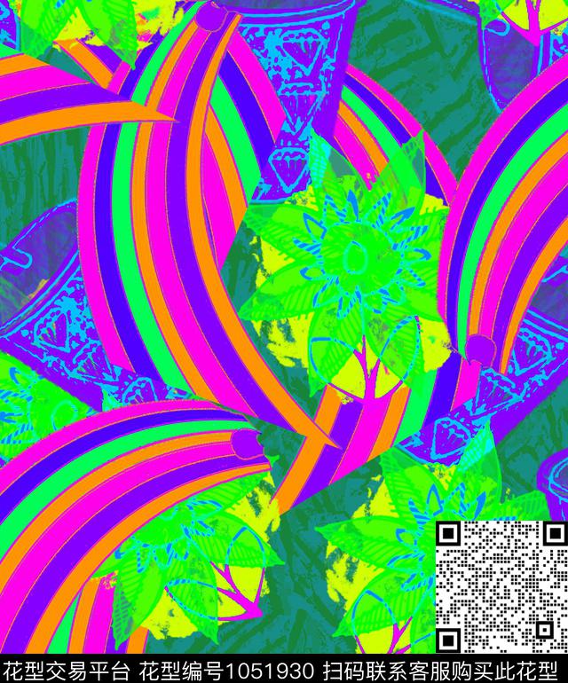 线条抽象花卉数码印花华亿平台下载（图片编号: 1051930） - 瓦栏（Walan）