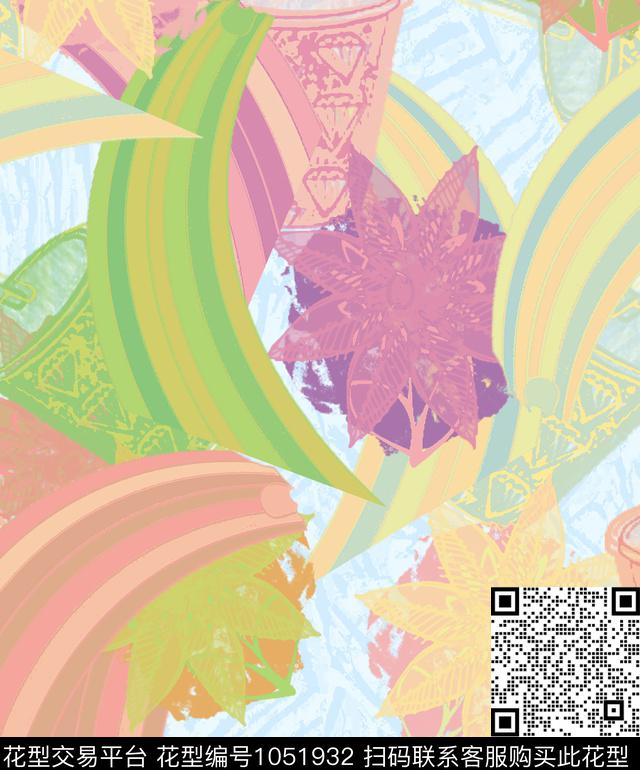 线条抽象花卉数码印花华亿平台下载（图片编号: 1051932） - 瓦栏（Walan）
