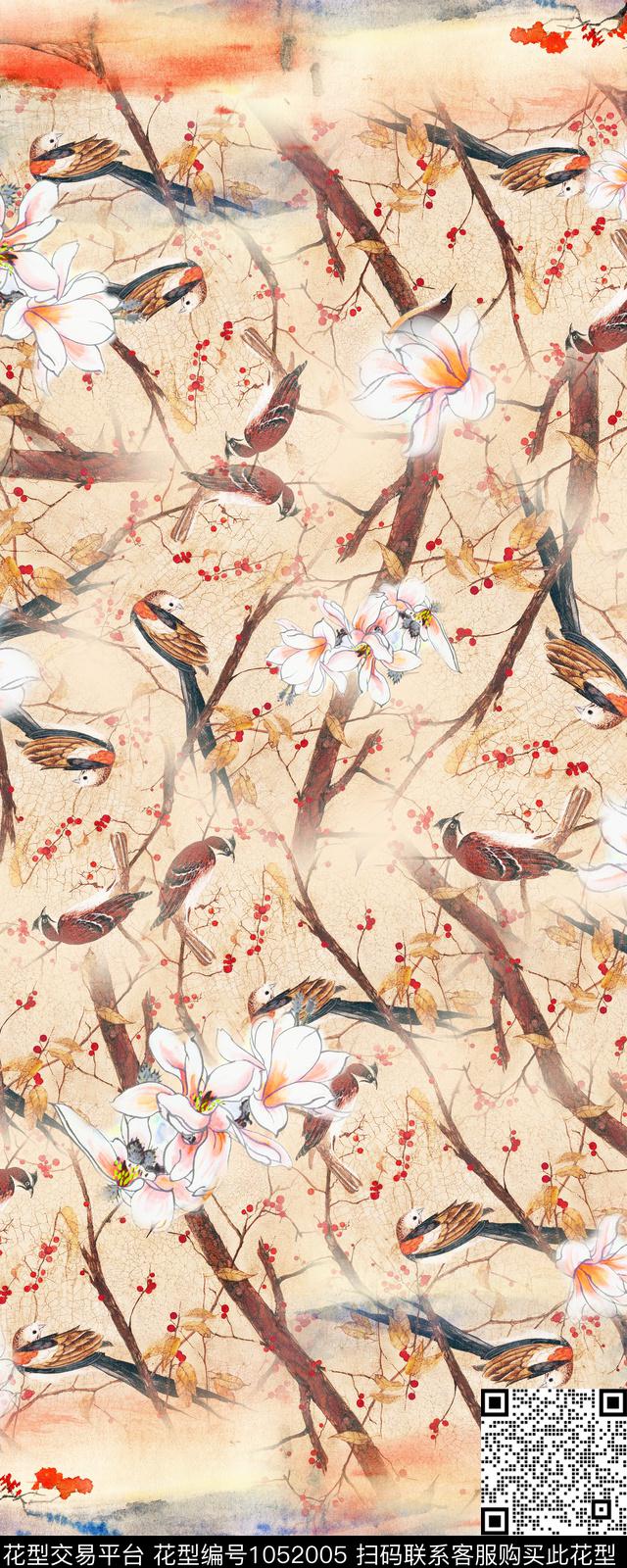 花卉国画水墨风数码印花华亿平台下载（图片编号: 1052005） - 瓦栏（Walan）