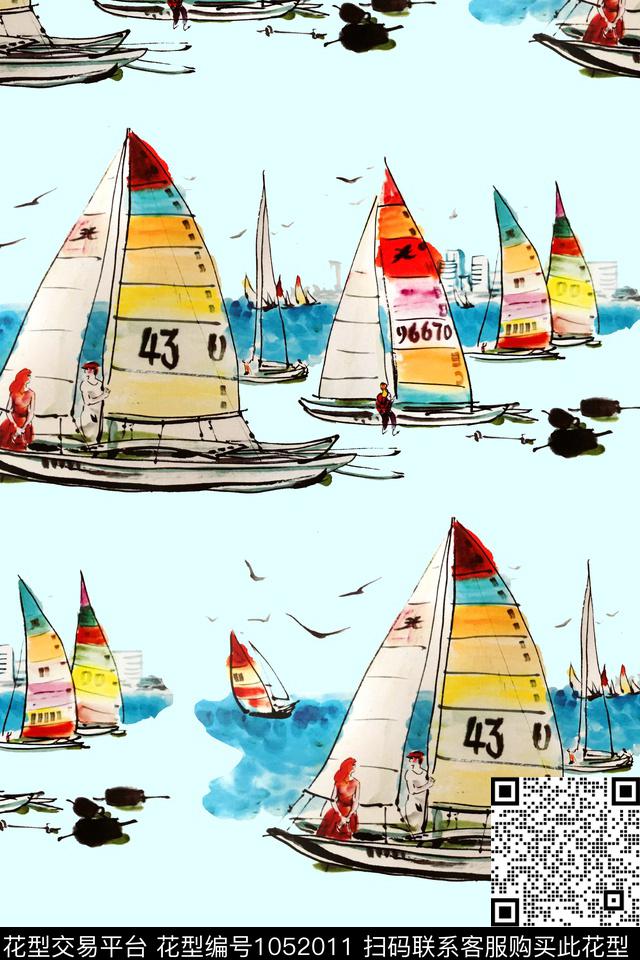帆船水彩花卉热带华亿平台数码印花华亿平台下载（图片编号: 1052011） - 瓦栏（Walan）