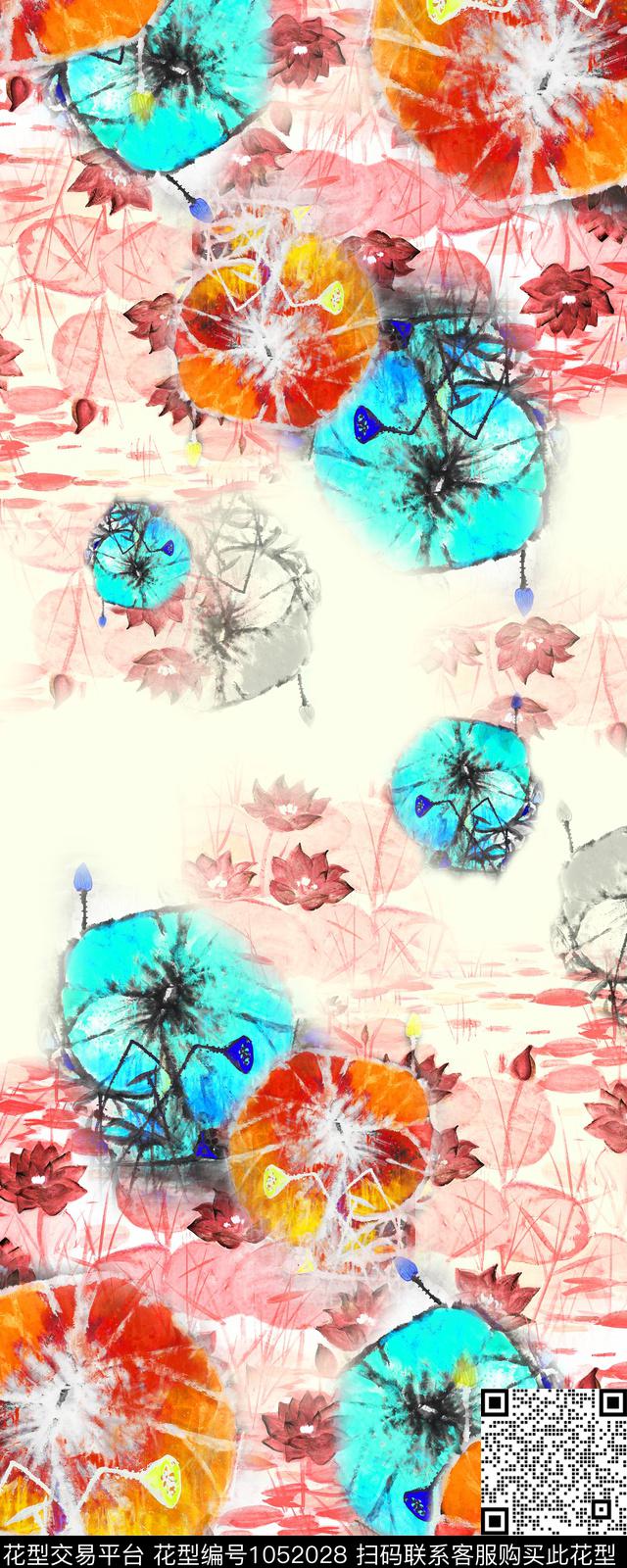 中国风花卉水墨风数码印花华亿平台下载（图片编号: 1052028） - 瓦栏（Walan）