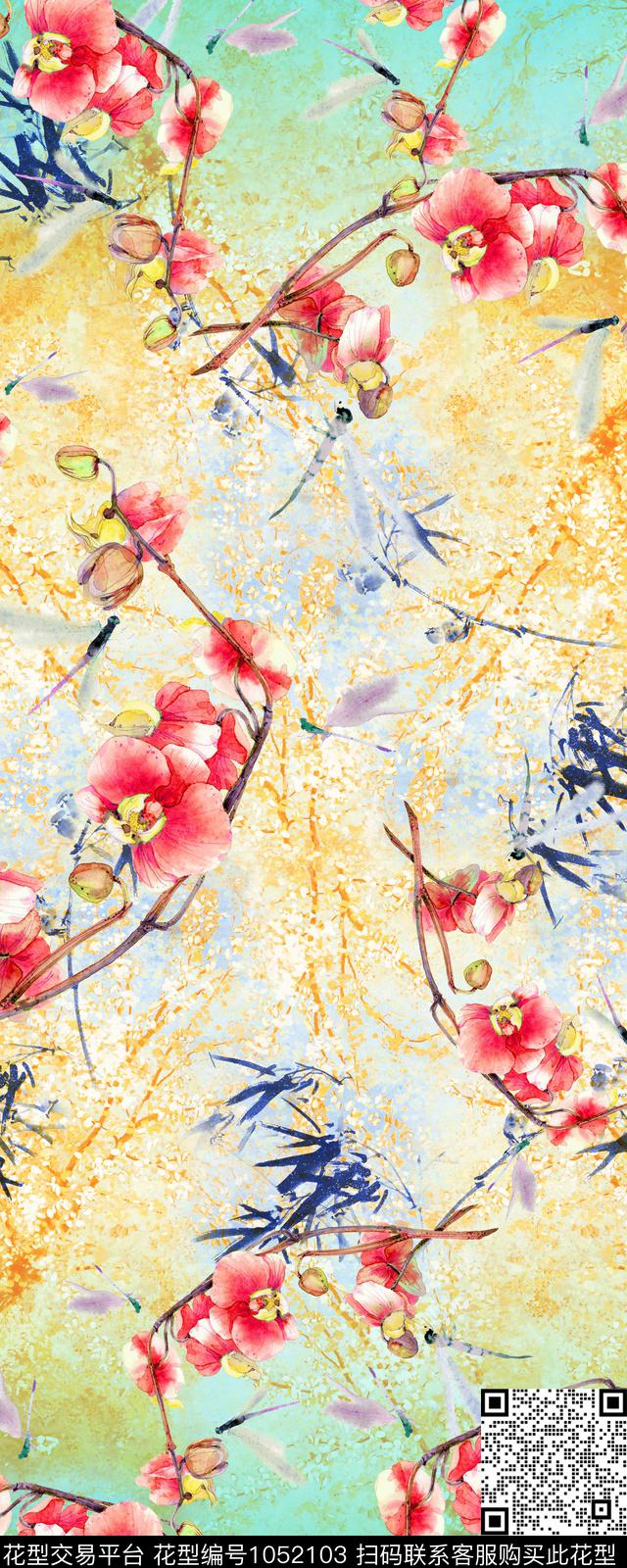 花卉国画水墨风数码印花华亿平台下载（图片编号: 1052103） - 瓦栏（Walan）