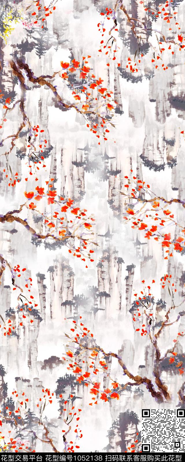 笔触中国风水墨风数码印花华亿平台下载（图片编号: 1052138） - 瓦栏（Walan）