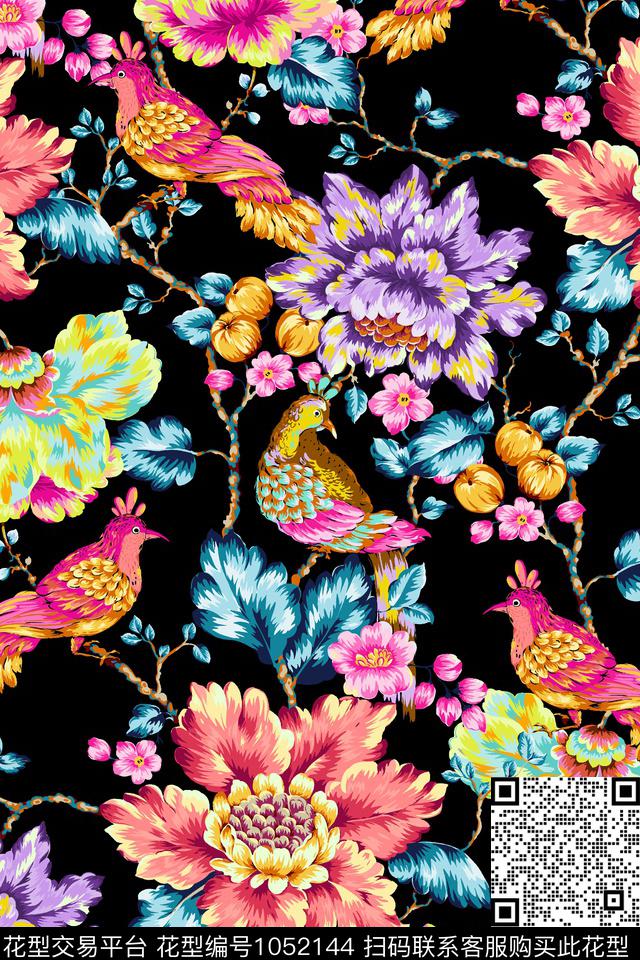 黑底花卉春夏华亿平台手绘花卉数码印花华亿平台下载（图片编号: 1052144） - 瓦栏（Walan）