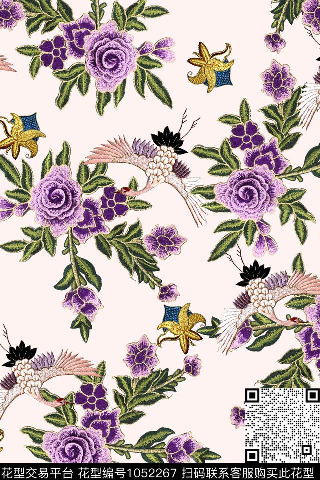 仙鹤花卉中国风数码印花华亿平台下载（图片编号: 1052267） - 瓦栏（Walan）