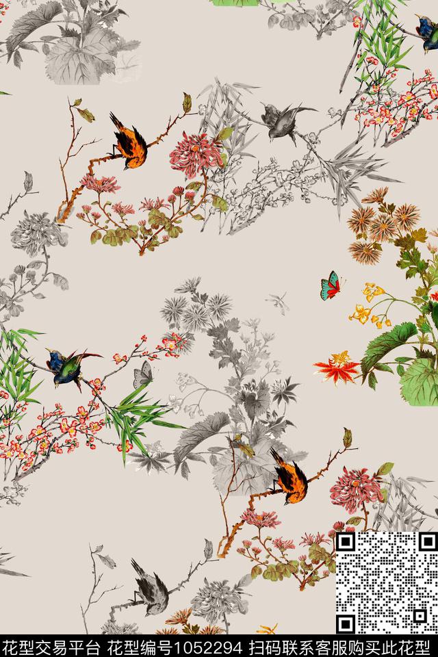 鸟花卉中国风数码印花华亿平台下载（图片编号: 1052294） - 瓦栏（Walan）