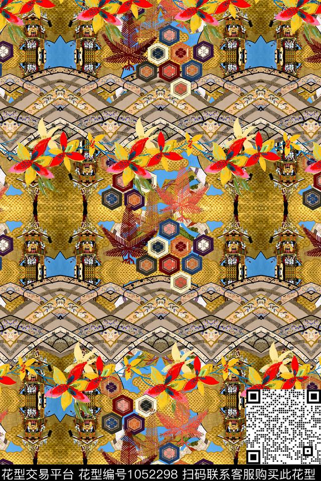 条纹花卉几何数码印花华亿平台下载（图片编号: 1052298） - 瓦栏（Walan）