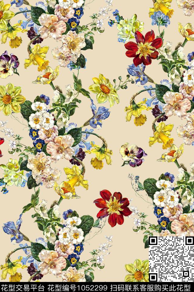 水彩花卉年轻女性手绘花卉数码印花华亿平台下载（图片编号: 1052299） - 瓦栏（Walan）