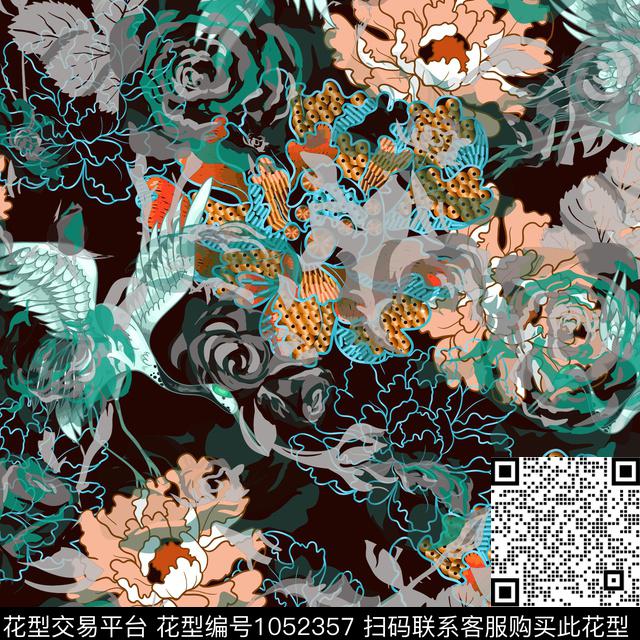 抽象男装仙鹤数码印花华亿平台下载（图片编号: 1052357） - 瓦栏（Walan）