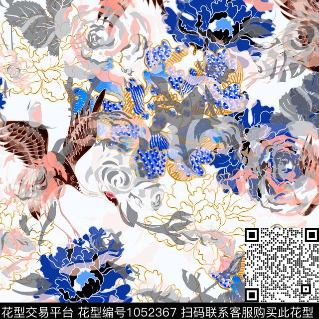 抽象男装仙鹤数码印花华亿平台下载（图片编号: 1052367） - 瓦栏（Walan）