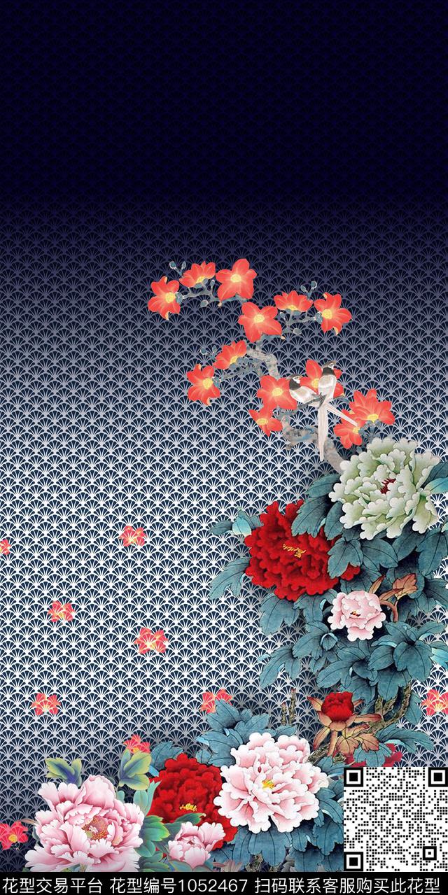 底纹牡丹中国风定位花数码印花华亿平台下载（图片编号: 1052467） - 瓦栏（Walan）