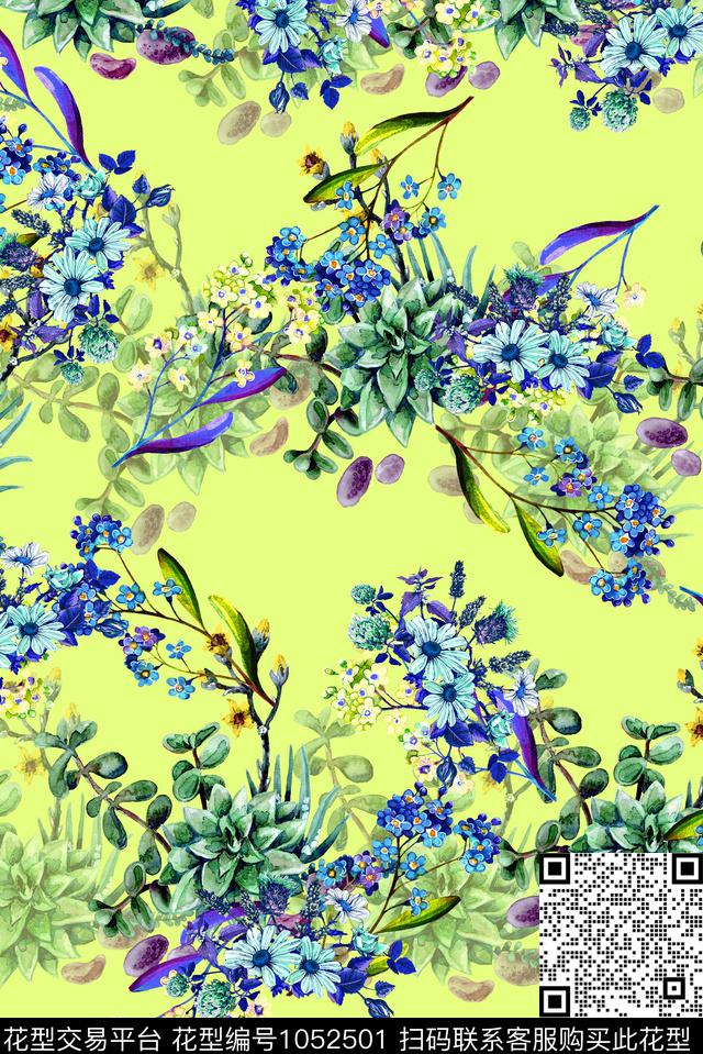 春夏华亿平台田园水彩花卉数码印花华亿平台下载（图片编号: 1052501） - 瓦栏（Walan）