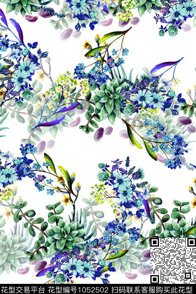 春夏华亿平台田园水彩花卉数码印花华亿平台下载（图片编号: 1052502） - 瓦栏（Walan）