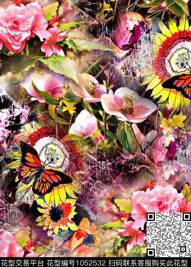 抽象花卉混合拼接数码印花华亿平台下载（图片编号: 1052532） - 瓦栏（Walan）