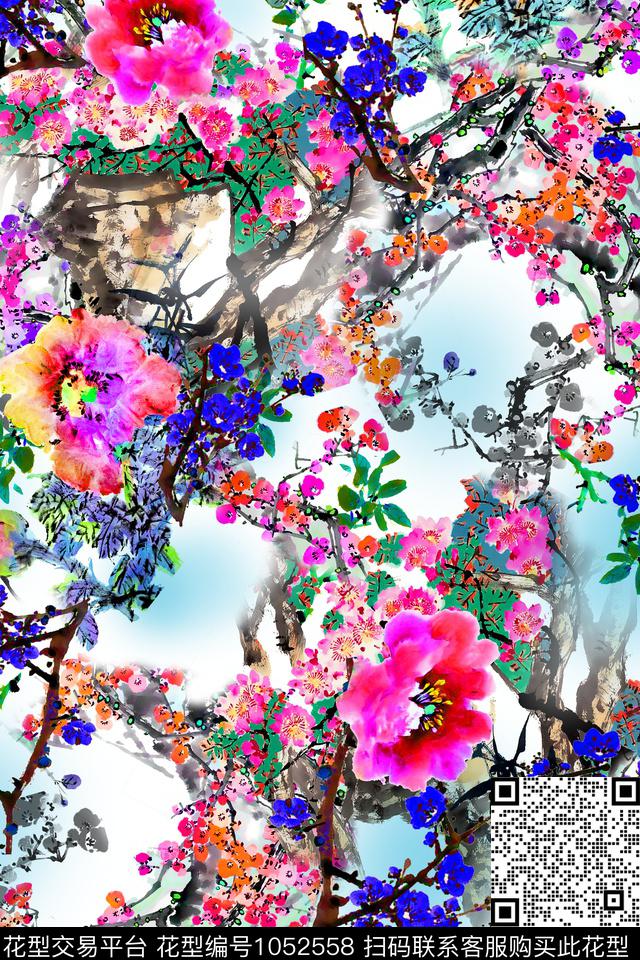 手绘花卉花卉写意花数码印花华亿平台下载（图片编号: 1052558） - 瓦栏（Walan）