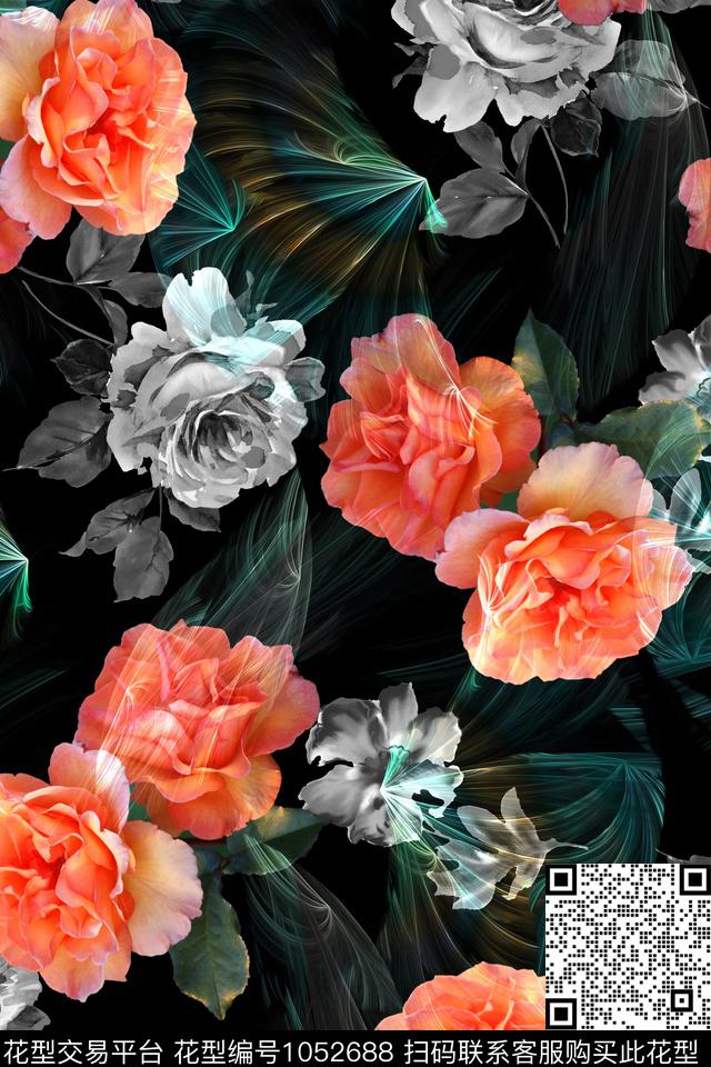 花卉大牌风黑白华亿平台数码印花华亿平台下载（图片编号: 1052688） - 瓦栏（Walan）
