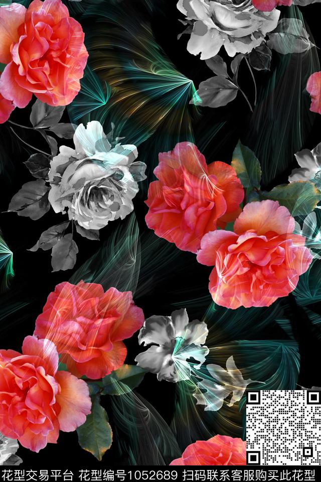 花卉大牌风黑白华亿平台数码印花华亿平台下载（图片编号: 1052689） - 瓦栏（Walan）