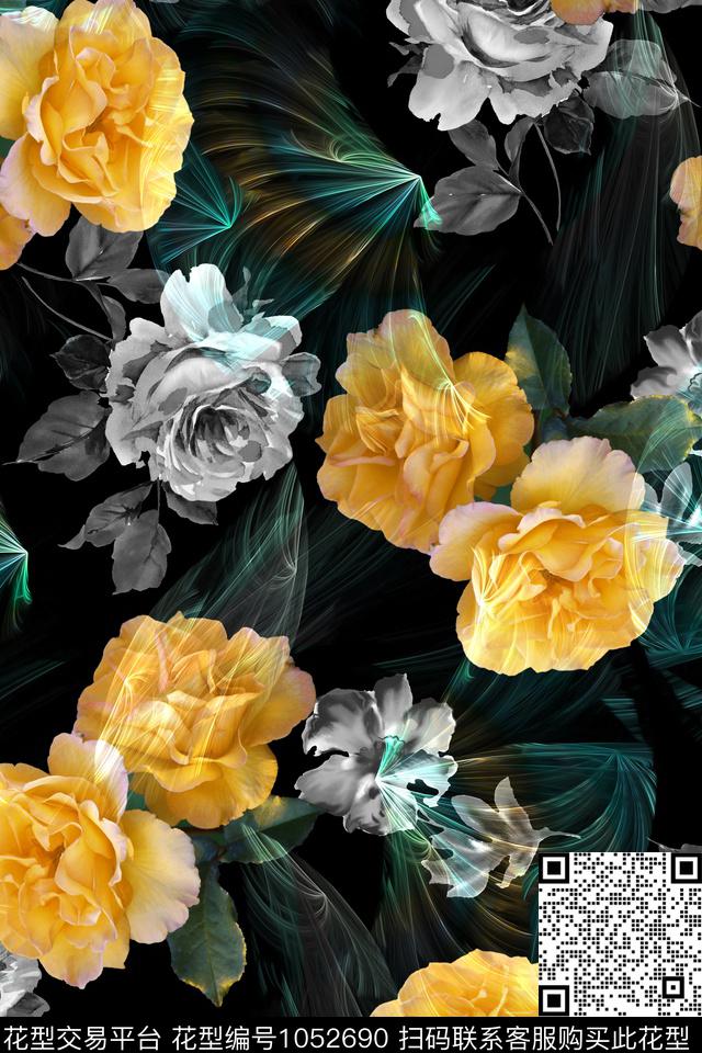 花卉大牌风黑白华亿平台数码印花华亿平台下载（图片编号: 1052690） - 瓦栏（Walan）