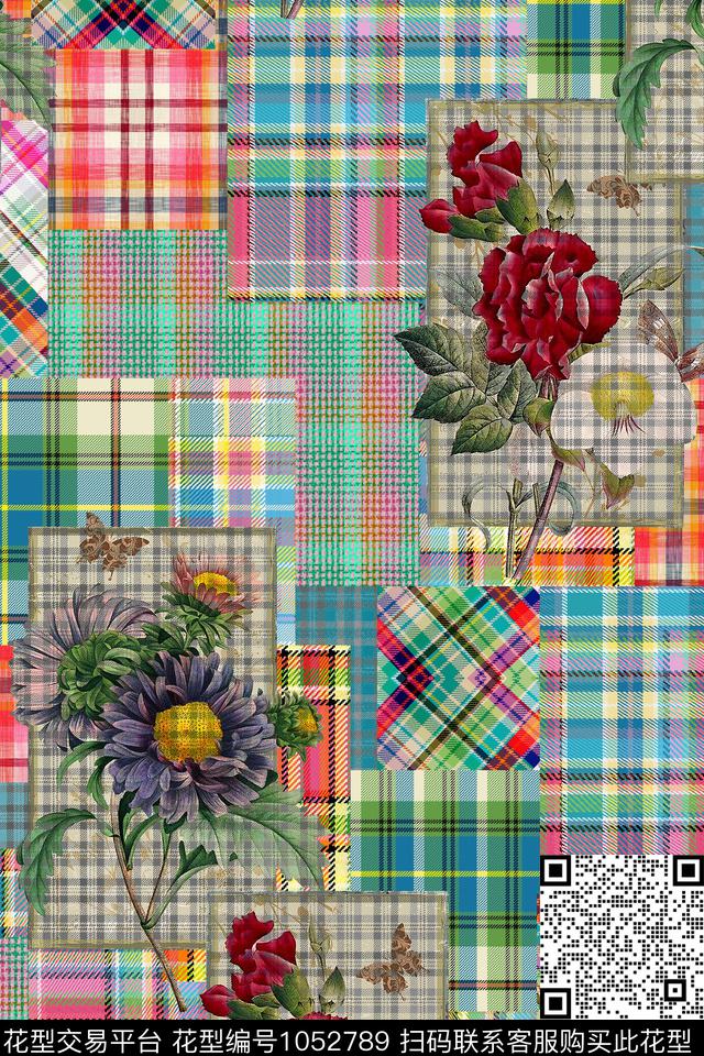 格子花卉几何数码印花华亿平台下载（图片编号: 1052789） - 瓦栏（Walan）