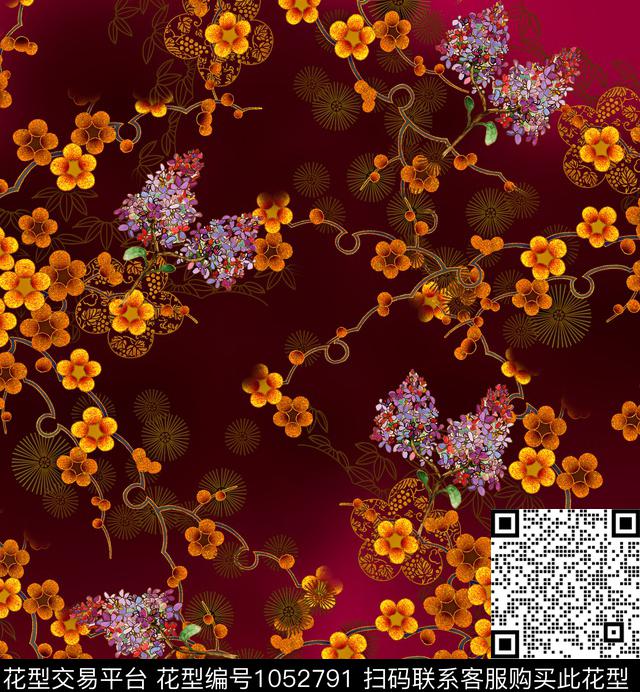 梅花香云纱花卉数码印花华亿平台下载（图片编号: 1052791） - 瓦栏（Walan）