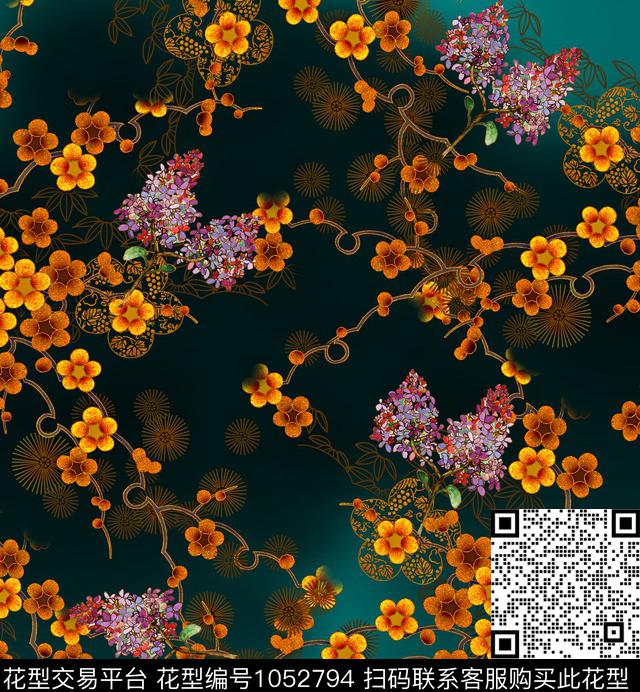 梅花香云纱花卉数码印花华亿平台下载（图片编号: 1052794） - 瓦栏（Walan）