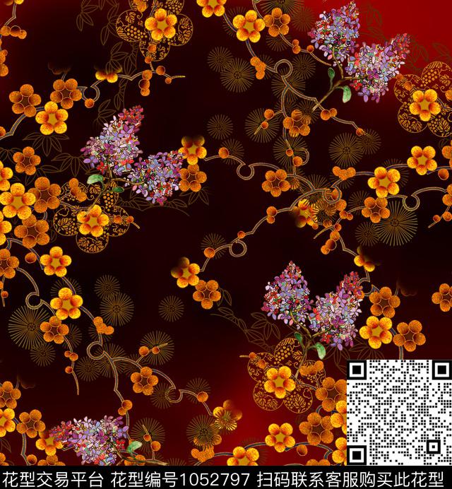 梅花香云纱花卉数码印花华亿平台下载（图片编号: 1052797） - 瓦栏（Walan）