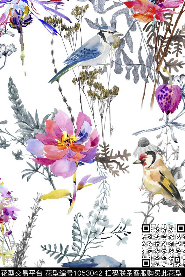鸟水彩花卉草木数码印花华亿平台下载（图片编号: 1053042） - 瓦栏（Walan）