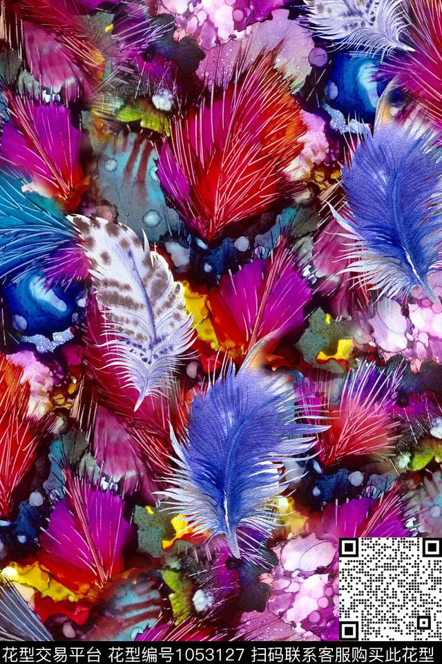 抽象羽毛水彩花卉数码印花华亿平台下载（图片编号: 1053127） - 瓦栏（Walan）