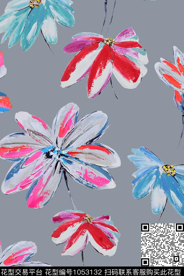 抽象花卉手绘花卉数码印花华亿平台下载（图片编号: 1053132） - 瓦栏（Walan）