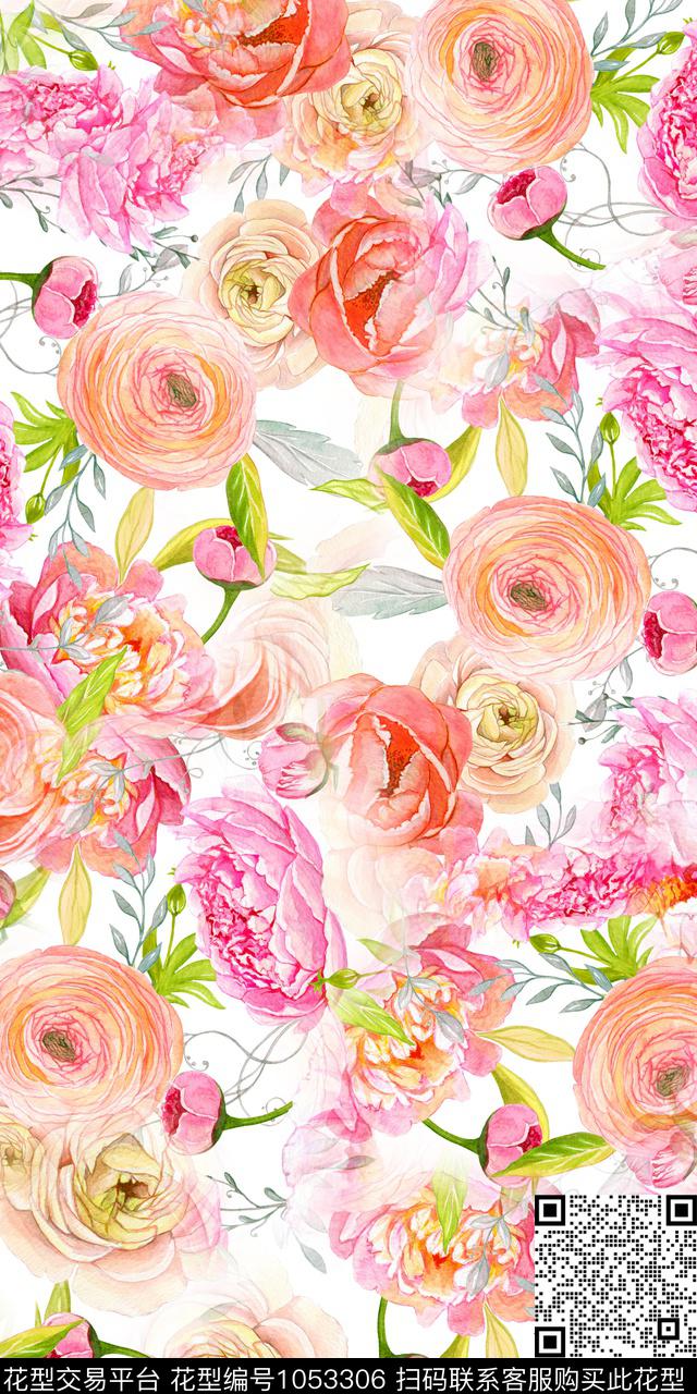 数码华亿平台水彩花卉花卉数码印花华亿平台下载（图片编号: 1053306） - 瓦栏（Walan）