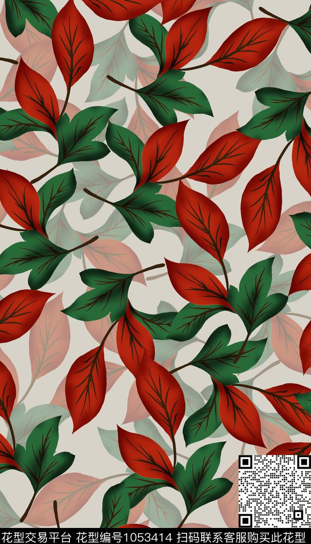 休闲手绘花卉绿植树叶数码印花华亿平台下载（图片编号: 1053414） - 瓦栏（Walan）