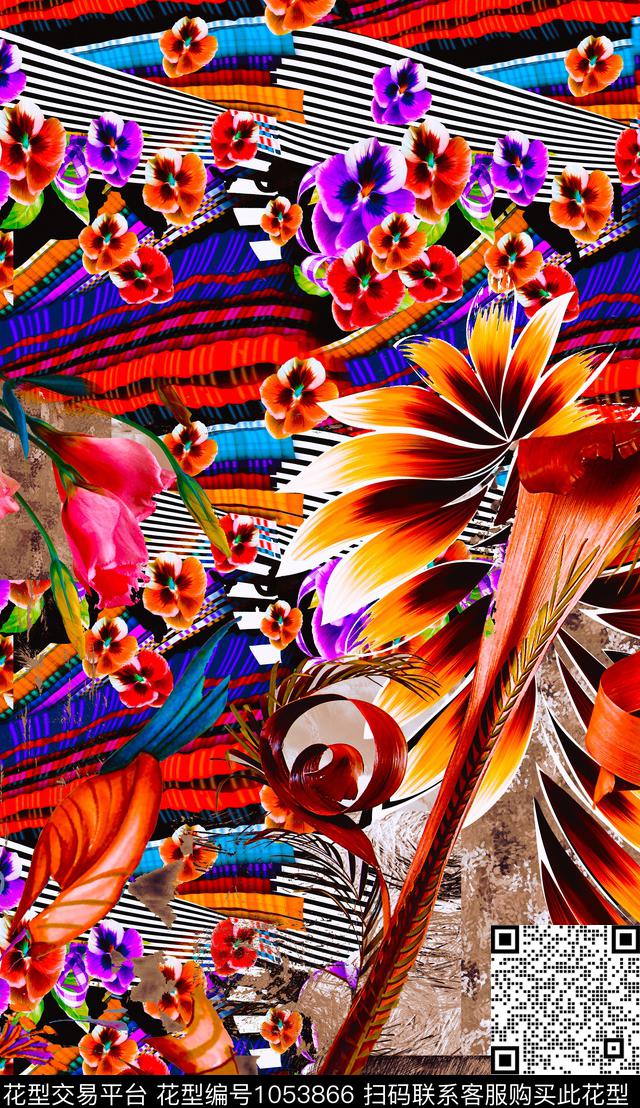 波西米亚定位花几何数码印花华亿平台下载（图片编号: 1053866） - 瓦栏（Walan）