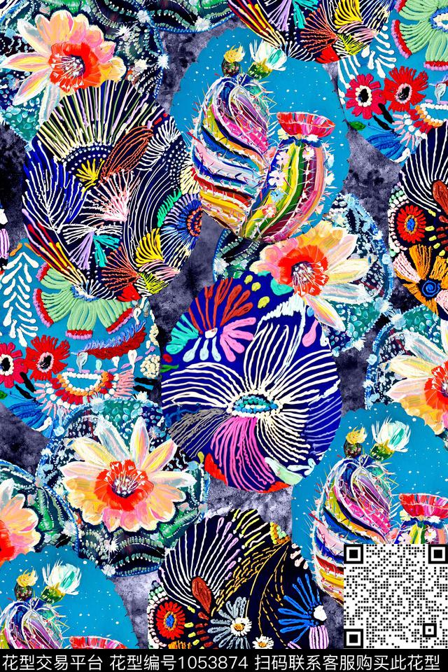 条纹抽象花卉数码印花华亿平台下载（图片编号: 1053874） - 瓦栏（Walan）