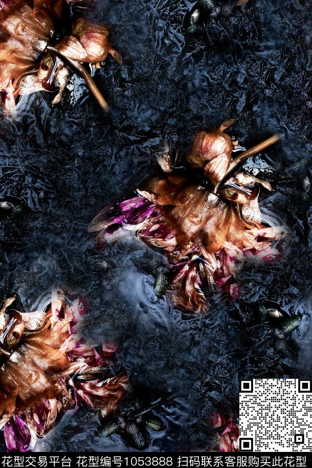 花卉纹理黑底花卉数码印花华亿平台下载（图片编号: 1053888） - 瓦栏（Walan）