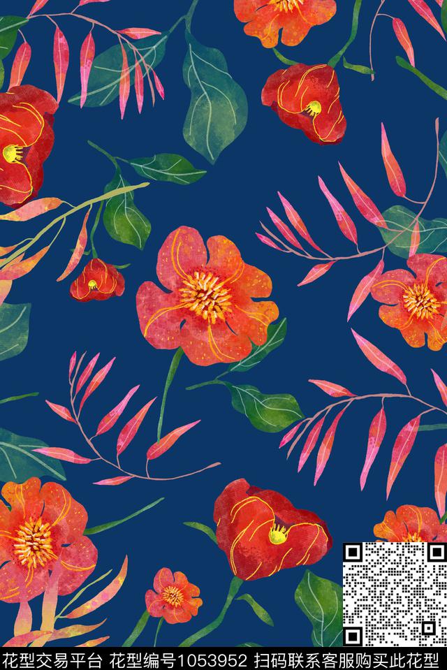 花卉复古水彩肌理传统印花华亿平台下载（图片编号: 1053952） - 瓦栏（Walan）