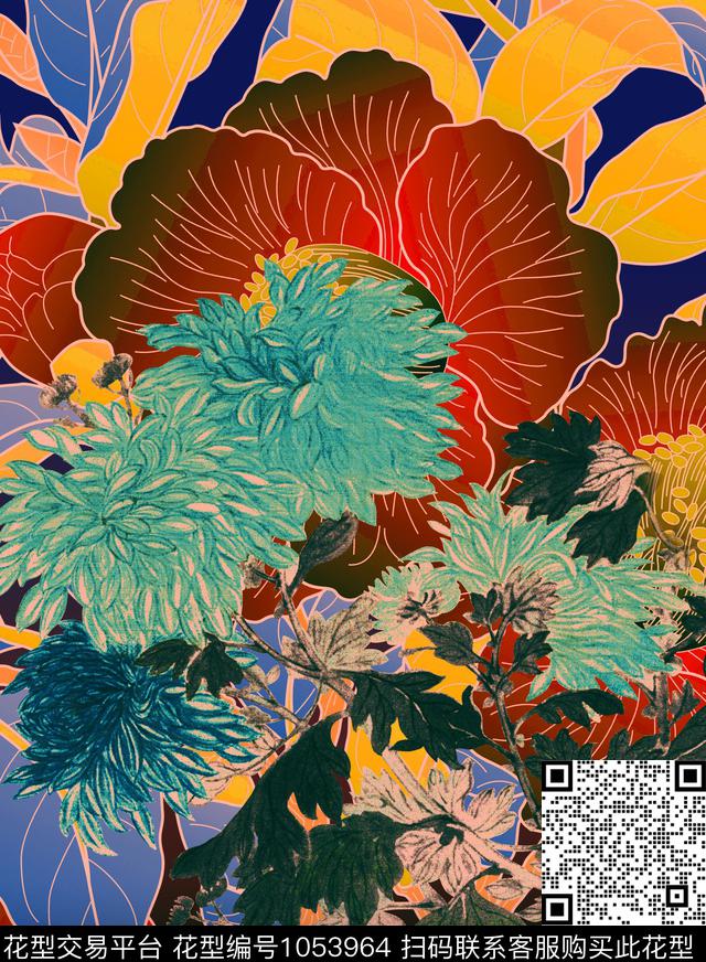 波西米亚定位花复古数码印花华亿平台下载（图片编号: 1053964） - 瓦栏（Walan）