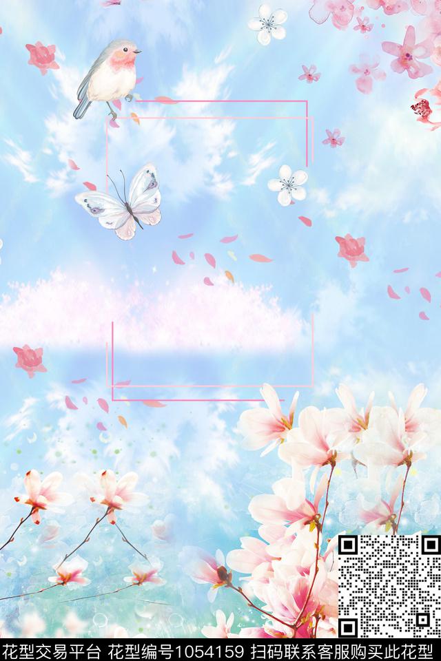 鸟花瓣水彩桃花数码印花华亿平台下载（图片编号: 1054159） - 瓦栏（Walan）