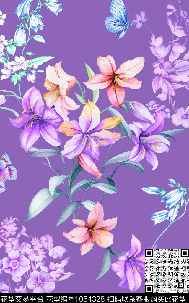 彩底花卉手绘花卉年轻女性数码印花华亿平台下载（图片编号: 1054328） - 瓦栏（Walan）