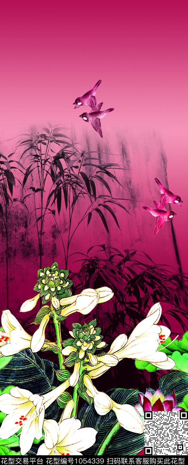 大花水墨风中国风定位花数码印花华亿平台下载（图片编号: 1054339） - 瓦栏（Walan）
