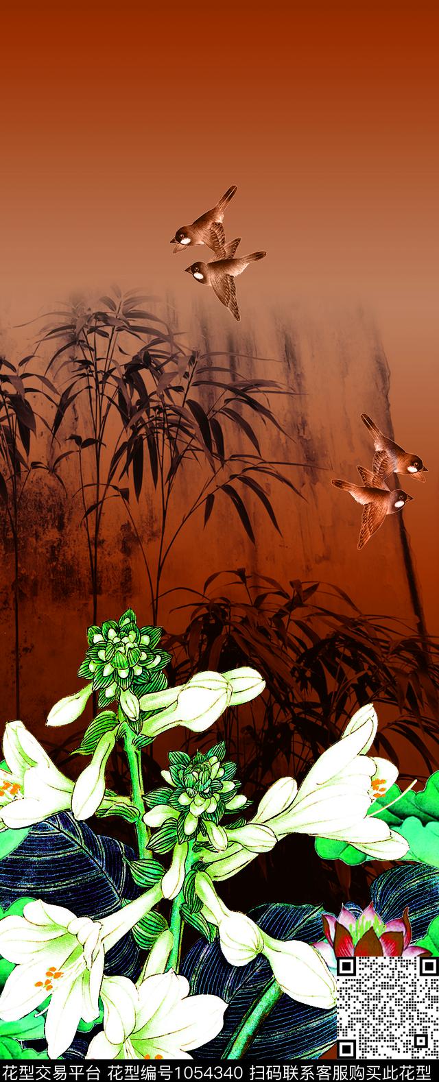 大花水墨风中国风定位花数码印花华亿平台下载（图片编号: 1054340） - 瓦栏（Walan）
