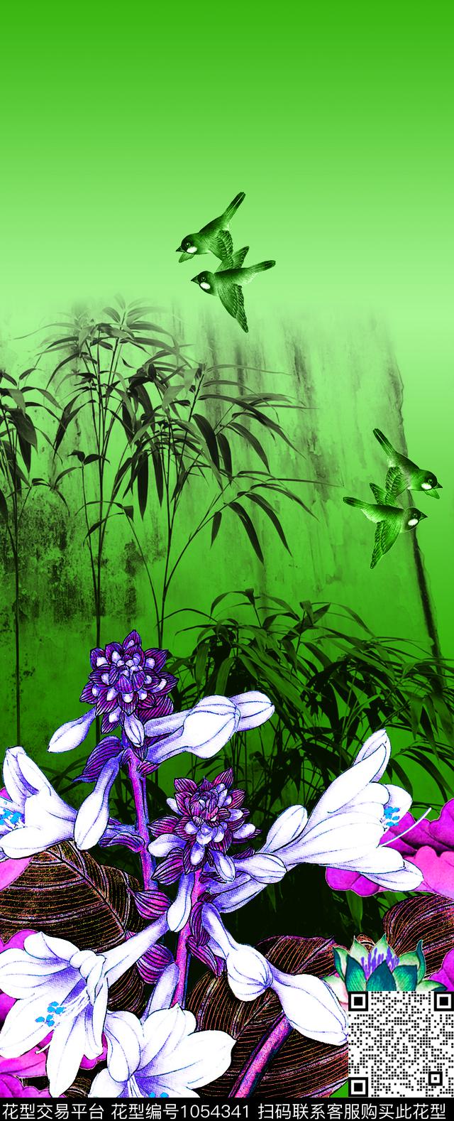 大花水墨风中国风定位花数码印花华亿平台下载（图片编号: 1054341） - 瓦栏（Walan）