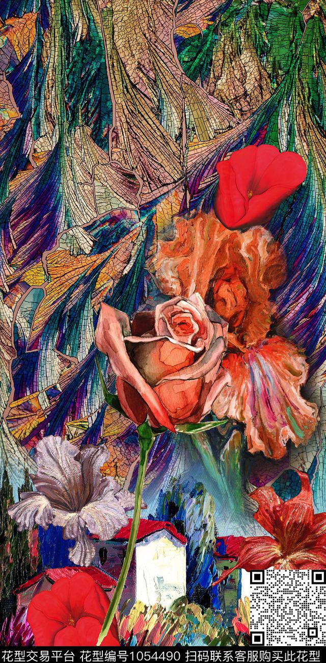 抽象复古定位花数码印花华亿平台下载（图片编号: 1054490） - 瓦栏（Walan）