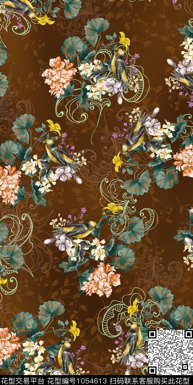 黑底花卉数码华亿平台民族风数码印花华亿平台下载（图片编号: 1054613） - 瓦栏（Walan）